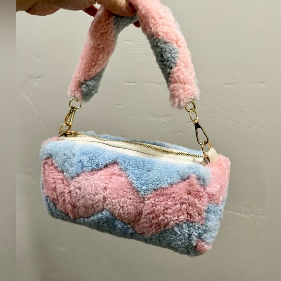 Handmade Colorblock Genuine Shearling Leather Barrel Bag & 3 Strap Styles - Picture 12 of 16